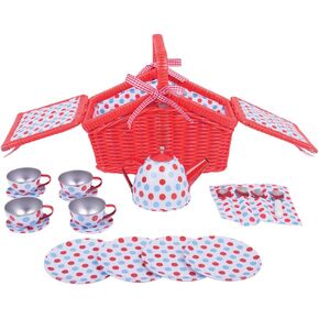 Bigjigs Toys مجموعة شاي مرقط ملونة وحمل سلة - التظاهر بلعب الأدوار