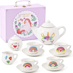 Porcelain Unicorn Tea Party Set for Little Girls Kids Toddlers, 13Pcs Ceramic Tea Set - Tea Pot Cups & Saucers & Carrying Case, Pretend Play Toys - Christmas Birthday Gift for Girls (Pink)