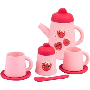 Silicone Tea Set - Strawberry Patch - 9 Piece Kids Playset, Teapot, Saucers & More, Pretend Play Toy, Kids & Toddler Ages 1+
