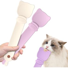 2Pcs Cat Strip Feeder Spoon, Cat Treat Spoon Squeeze for Wet Food, Easy Grip Design-Green&Yellow