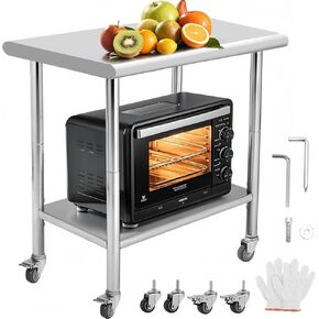 Stainless Steel Work Table, with Wheels 24 x 30 x 35 Inch Prep Table with 4 Casters Heavy Duty Work Table for Commercial Kitchen Restaurant Business, Silver