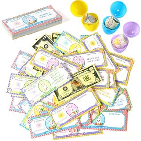 100 PCS Easter Egg Fulers-Bunny Money Coupons ، Paper Easter Egg Tokens Stuffers ، 60 Coupons القابلة للاسترداد+30 كوبونات DIY فارغة+10 دولارات للأرنب ، لأنشطة عيد الفصح