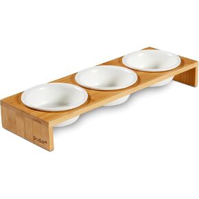 PiuPet® Cat Bowls for Indoor Cats 8.5 fl oz with Rack, Set of 3 Bowls for Cats and Small Dogs, White Ceramic Cat Bowls with Stylish and Non-Slip Bamboo Frame I Ergonomic Kitten Bowls for Easy Cleaning