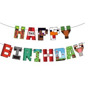 لافتة عيد ميلاد سعيد للبكسل ، ديكورات حفلات عيد ميلاد من طراز التعدين ، ألعاب لافتة عمال المناجم الراية لوازم الحفلات للفتيان الفتيات