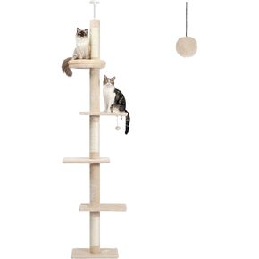 Petepela Floor to Cating Cat Tree ، Tower Tower 5 مستويات (95-107 بوصة) قابلة للتعديل ، شجرة تسلق القطط الطويلة التي تعرض مع الخدش ، سرير مريح ، لعبة كرة تفاعلية للقطط الداخلية/القطة البيج