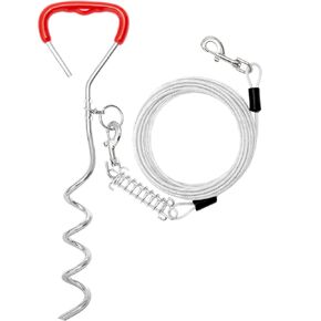 ADCSUITZ Dog Tie Out Cable and Stake - 30 FT Long Dog Cable Leash with Buffer Spring for Dogs Outside Yard Camping Travel Beach,etc. - 16'' Heavy Duty Anti Rust Stake for Small Medium Large Dogs