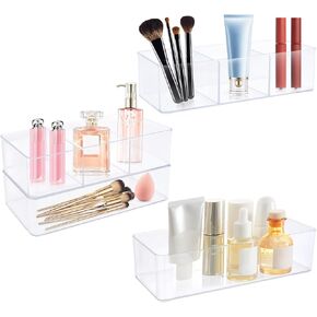 4 Pcs Acrylic Drawer Organizer, Small Makeup Organizer Desk Storage Bins for Countertop,Vanity Drawer Dividers, Kitchen Utensils,Bathroom and Office Accessories (Single&Triple Compartments)
