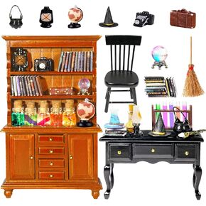 Rileryan 54 PCS 1:12 Scale Magic House Kit Miniature Furnitors Accessories Mini Wooden Wooden Wooden Workhelf Cookcase 30 Mini Books Desk Chair Decoration