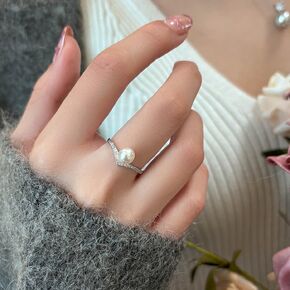 Sdouefos 14k حلقة لؤلؤة مطلي بالذهب للنساء Vainty v على شكل ذهبي خاتم لؤلؤة قابلة للتكديس 925 الجنيه الاسترليني الفضة الزركونيا المفتوحة حلقة الوعد هدايا عيد ميلاد المجوهرات لأميها