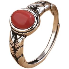 Sdouefos 18K Gold Plated Red Ad Rings Vintage S990 Silver Gemine Gemine Gemine Wheat - حلقة قابلة للتحف التايلاندية الفضية القابلة للتعديل للنساء