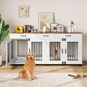 IDEALHOUSE 71" Large Dog Crate for 2 Dogs, Wooden Double Dog Cage Furniture with 3 Drawers for Ample Storage Space, Furniture Style Indoor Dog Crate & TV Stand, for Large Medium Dogs, White