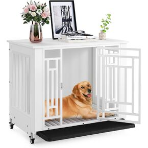 DWVO DOG CRAT CRAT FUNTURY مع عجلات ، 32 بوصة الكلب بيت الكلب الداخلي الطاولة الثقيلة الكلب الكلب للكلاب المتوسطة الصغيرة ، طاولة قفص الكلب الخشبي المزخرف مع صينية قابلة للإزالة ، مقاومة للمضغ ، أبيض