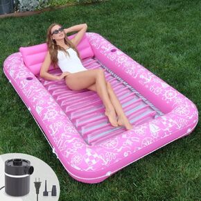 Inflatable Tanning Pool Lounger Float w/Reflective Base (Electric Pump Included) 85" x 58" - Sun Bathing Sun Tanning in Pool or Backyard
