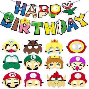 13PCS Game Themed Felt Masks Bros Party Decorations,Cartoon Character Cosplay Masks Banner Favors for Boys Girls