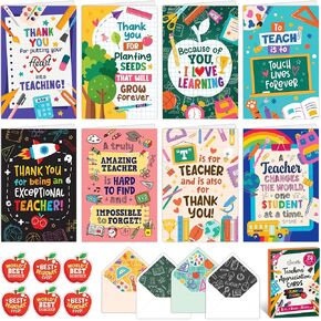 Decorably 24 Pack 4x6in Teacher Appreciation Cards with Envelopes and Stickers, 8 Colorful Designs Thank You Teacher Cards with Envelopes with Printed Message Inside