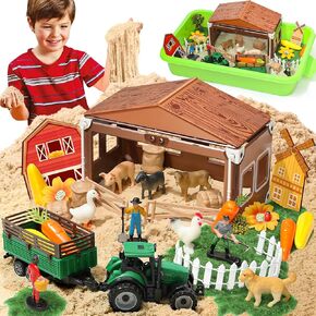 B. Bascolor Play Sandbox with Sensory Sand, Farm Figures & Tractor Playset, Sand Box Toys for Toddlers 3-8, Farm Theme