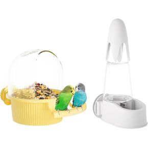 No Mess Bird Feeder Water Dispenser Set, Automatic Hydration, Bird Cage Accessories for Cockatiels Parrots Lovebirds Canarys Finches Budgies and Other Small to Medium Sized Birds (Yellow + White)