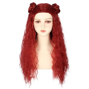 Long Curly Red Wig with Bun for Women Halloween Cosplay Wig Anime Costume Party Wig