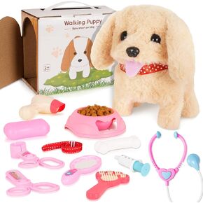 Toy Dog for Kids, Walking & Barking Interactive Dog Toy with Feeding, Grooming, and Health Care Set, Plush Puppy Toys for Kids Aged 3+ Years Girls Boys