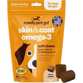 Healthy Dog Skin and Coat Supplement | Nourishing Omega 3 Fish Oil for Dogs Skin and Coat Plus Heart and Joint Support with EPA DHA & Vitamin E | Mange Allergy & Itchy Skin Relief for Dogs | 90 Chews