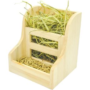 Hay Rabbit Feeder Pet Cage Manger Rack سهلة التثبيت أقل ضائعًا موزعًا مجانيًا من موزع الطعام نظيف وجاف من رف القش للأرنب غينيا خنزير أرنب شينشيلا هامستر (مخططة رف القش الخشبية)