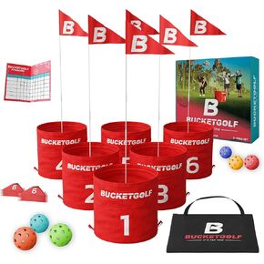 BucketGolf The Ultimate Backyard Golf Game for Kids and Adults - Portable 6 Hole Golf Course Play Outdoor, Lawn, Park, Beach, Yard, Camping.