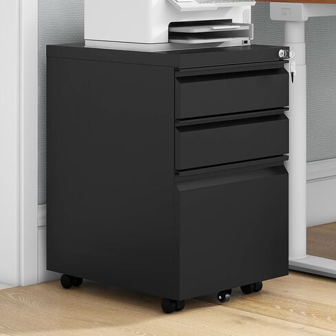 DWVO 3-Drawer Mobile File Cabinet, Pre-Assembled Metal Filing Cabinet for Legal/Letter Size, Lockable Office Storage with 6 Casters, Black in Saudi Arabia