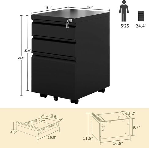 DWVO 3-Drawer Mobile File Cabinet, Pre-Assembled Metal Filing Cabinet for Legal/Letter Size, Lockable Office Storage with 6 Casters, Black in Saudi Arabia