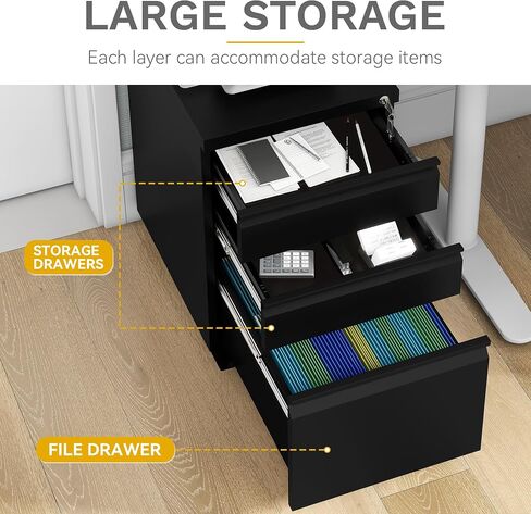 DWVO 3-Drawer Mobile File Cabinet, Pre-Assembled Metal Filing Cabinet for Legal/Letter Size, Lockable Office Storage with 6 Casters, Black in Saudi Arabia