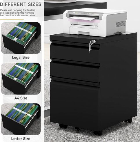 DWVO 3-Drawer Mobile File Cabinet, Pre-Assembled Metal Filing Cabinet for Legal/Letter Size, Lockable Office Storage with 6 Casters, Black in Saudi Arabia