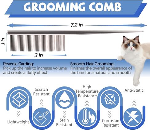 Grooming Pet Comb Rat Tail Dematting Cat and Dog Comb，Rounded Ends Design for Safe Tangle Removal, Hairstyling, Massage，Loose Hair Removal，Prevent Irritation，Fluffing Paws,Face,Tail,Remove Tear Stain in Kuwait
