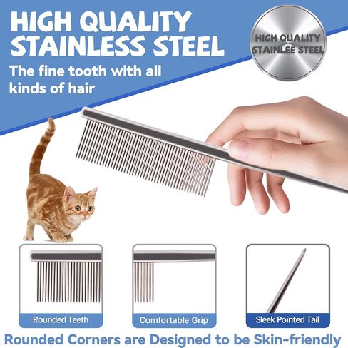 Grooming Pet Comb Rat Tail Dematting Cat and Dog Comb，Rounded Ends Design for Safe Tangle Removal, Hairstyling, Massage，Loose Hair Removal，Prevent Irritation，Fluffing Paws,Face,Tail,Remove Tear Stain in Kuwait