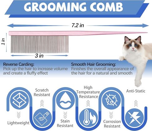 Grooming Pet Comb Rat Tail Dematting Cat and Dog Comb，Rounded Ends Design for Safe Tangle Removal, Hairstyling, Massage，Loose Hair Removal，Prevent Irritation，Fluffing Paws,Face,Tail,Remove Tear Stain in Kuwait