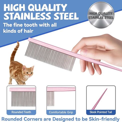Grooming Pet Comb Rat Tail Dematting Cat and Dog Comb，Rounded Ends Design for Safe Tangle Removal, Hairstyling, Massage，Loose Hair Removal，Prevent Irritation，Fluffing Paws,Face,Tail,Remove Tear Stain in Kuwait