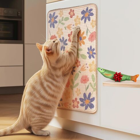 SCRATCHABLE Sisal Cat Scratcher, [+ Catnip Fish Toy], Wall Scratcher, Couch Protector, Scratching Mat- 24 X 15.8 With 12 Adhesive Velcro Stripes (Floral) in Kuwait
