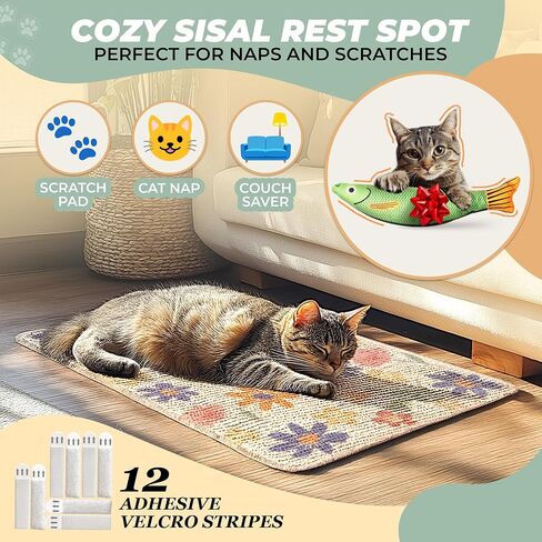 SCRATCHABLE Sisal Cat Scratcher, [+ Catnip Fish Toy], Wall Scratcher, Couch Protector, Scratching Mat- 24 X 15.8 With 12 Adhesive Velcro Stripes (Floral) in Kuwait