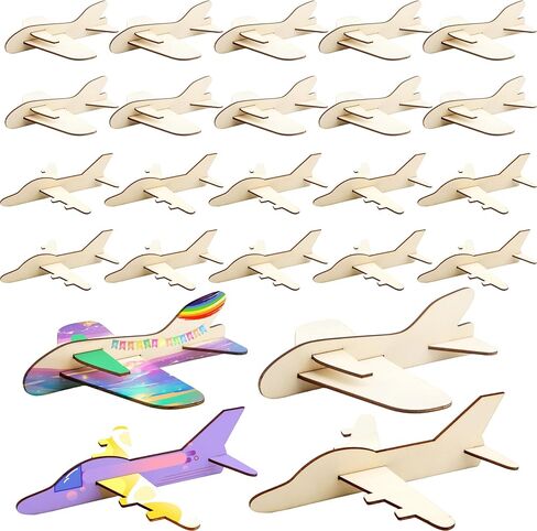 Haconba 24 Pack DIY Wooden Airplane Paintable Wood Craft Planes with 2 Pcs 3 ml Acrylic Paint Strip and 2 Pcs Painting Brushes for DIY Craft Activities Birthday Airplane Theme Party, 3 Styles in Saudi Arabia