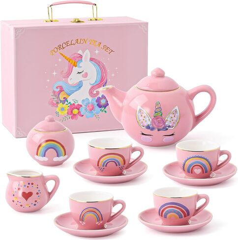 Porcelain Unicorn Tea Party Set for Little Girls Kids Toddlers, 13Pcs Ceramic Tea Set - Tea Pot Cups & Saucers & Carrying Case, Pretend Play Toys - Christmas Birthday Gift for Girls (Pink) in Saudi Arabia