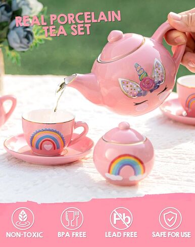 Porcelain Unicorn Tea Party Set for Little Girls Kids Toddlers, 13Pcs Ceramic Tea Set - Tea Pot Cups & Saucers & Carrying Case, Pretend Play Toys - Christmas Birthday Gift for Girls (Pink) in Saudi Arabia