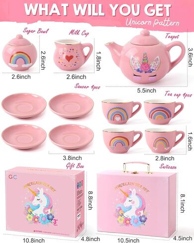 Porcelain Unicorn Tea Party Set for Little Girls Kids Toddlers, 13Pcs Ceramic Tea Set - Tea Pot Cups & Saucers & Carrying Case, Pretend Play Toys - Christmas Birthday Gift for Girls (Pink) in Saudi Arabia