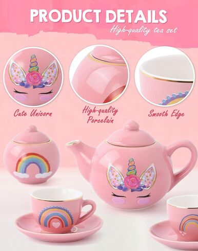 Porcelain Unicorn Tea Party Set for Little Girls Kids Toddlers, 13Pcs Ceramic Tea Set - Tea Pot Cups & Saucers & Carrying Case, Pretend Play Toys - Christmas Birthday Gift for Girls (Pink) in Saudi Arabia