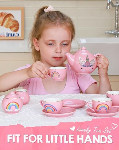 Porcelain Unicorn Tea Party Set for Little Girls Kids Toddlers, 13Pcs Ceramic Tea Set - Tea Pot Cups & Saucers & Carrying Case, Pretend Play Toys - Christmas Birthday Gift for Girls (Pink) in Saudi Arabia