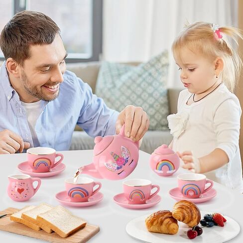 Porcelain Unicorn Tea Party Set for Little Girls Kids Toddlers, 13Pcs Ceramic Tea Set - Tea Pot Cups & Saucers & Carrying Case, Pretend Play Toys - Christmas Birthday Gift for Girls (Pink) in Saudi Arabia