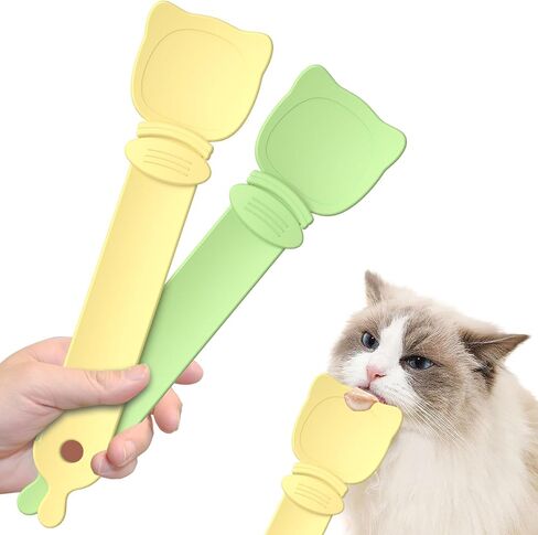 2Pcs Cat Strip Feeder Spoon, Cat Treat Spoon Squeeze for Wet Food, Easy Grip Design-Green&Yellow in Saudi Arabia