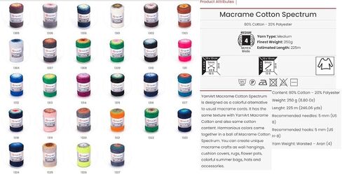 حبل مكرامي قطني من YarnArt Macrame بطول 8.80 أونصة، 246.06 ياردة 80% قطن، حبل Macrame متعدد الألوان، وزن غزل Macrame ملون - Aran(4) (1318) in Kuwait