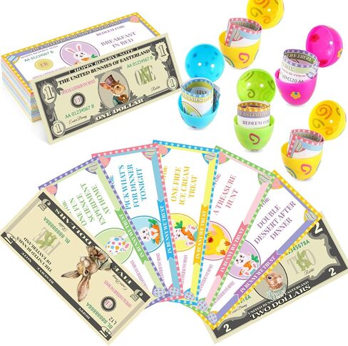 100 Pcs Easter Egg Fillers-Bunny Money Coupons, Paper Easter Egg Tokens Basket Stuffers, 60 Redeemable Coupons+30 Blank DIY Coupons+10 Bunny Dollars, for Easter Activities in Kuwait