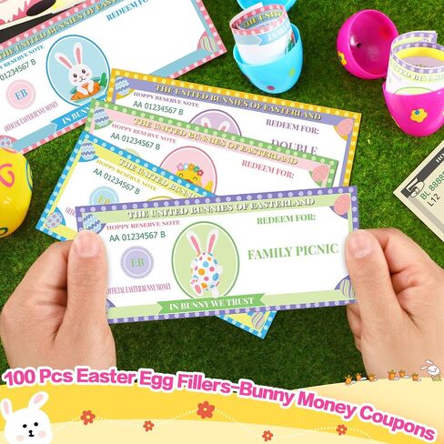 100 Pcs Easter Egg Fillers-Bunny Money Coupons, Paper Easter Egg Tokens Basket Stuffers, 60 Redeemable Coupons+30 Blank DIY Coupons+10 Bunny Dollars, for Easter Activities in Kuwait