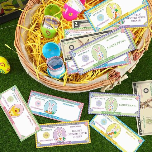 100 Pcs Easter Egg Fillers-Bunny Money Coupons, Paper Easter Egg Tokens Basket Stuffers, 60 Redeemable Coupons+30 Blank DIY Coupons+10 Bunny Dollars, for Easter Activities in Kuwait