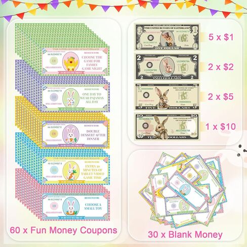 100 Pcs Easter Egg Fillers-Bunny Money Coupons, Paper Easter Egg Tokens Basket Stuffers, 60 Redeemable Coupons+30 Blank DIY Coupons+10 Bunny Dollars, for Easter Activities in Kuwait