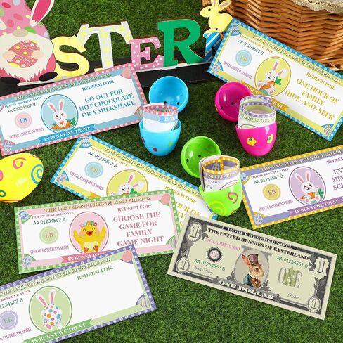100 Pcs Easter Egg Fillers-Bunny Money Coupons, Paper Easter Egg Tokens Basket Stuffers, 60 Redeemable Coupons+30 Blank DIY Coupons+10 Bunny Dollars, for Easter Activities in Kuwait